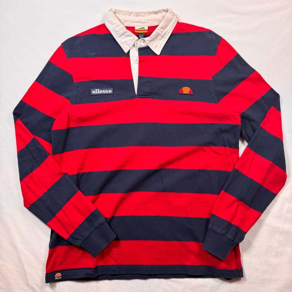 Ellesse Red and Navy Blue Striped Long Sleeve Rugby Polo Shirt